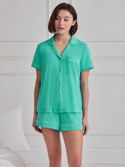 Chelsea Peers Contrast Piping Button Down Short Pyjama Set containing TENCEL™ Modal, Teal