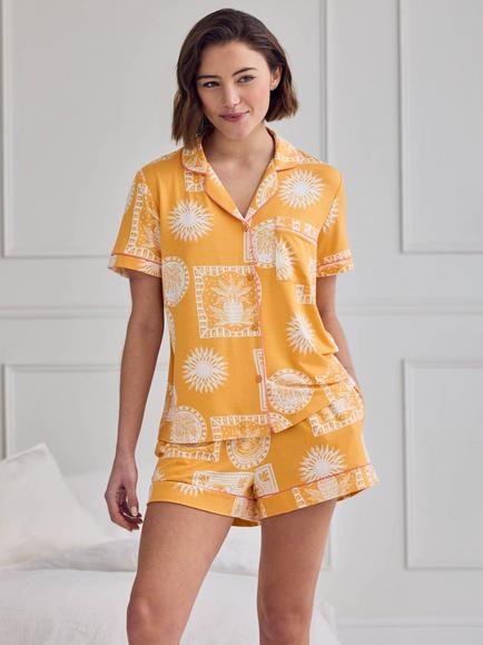 Chelsea Peers Stamp & Tile Button Down Short Pyjama Set containing TENCEL™ Modal, Mustard, Mustard