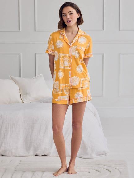 Chelsea Peers Stamp & Tile Button Down Short Pyjama Set containing TENCEL™ Modal, Mustard - view 2, Mustard