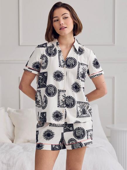 Chelsea Peers Stamp & Tile Print Button Down Short Pyjama Set, Off White, Off White