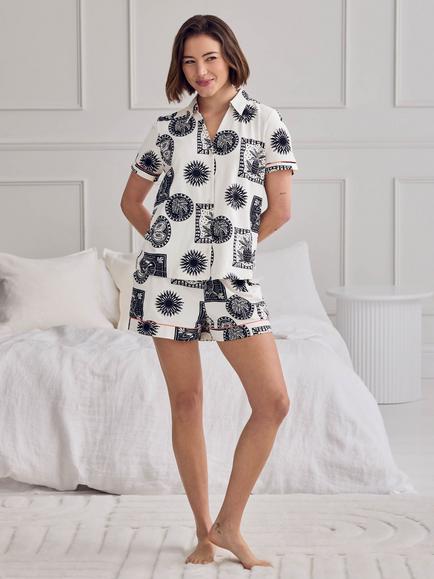 Chelsea Peers Stamp & Tile Print Button Down Short Pyjama Set, Off White - view 2, Off White