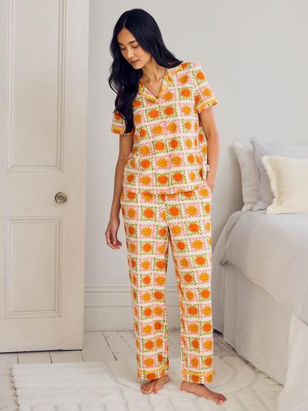 Chelsea Peers Sunshine Tile Button Down Long Pyjama Set, Off White, Off White