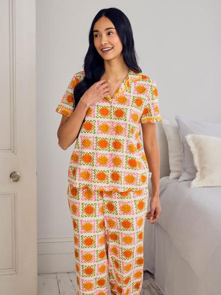 Chelsea Peers Sunshine Tile Button Down Long Pyjama Set, Off White - view 2, Off White