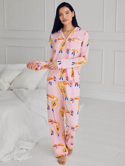 Chelsea Peers Toucan Button Down Long Pyjama Set containing TENCEL™ Modal, Pink, Pink