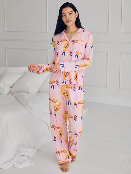 Chelsea Peers Toucan Button Down Long Pyjama Set containing TENCEL™ Modal, Pink, Pink