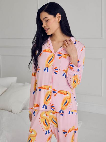 Chelsea Peers Toucan Button Down Long Pyjama Set containing TENCEL™ Modal, Pink - view 2, Pink