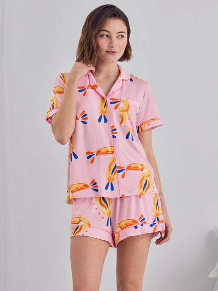 Chelsea Peers Toucan Button Down Short Pyjama Set, Pink, Pink