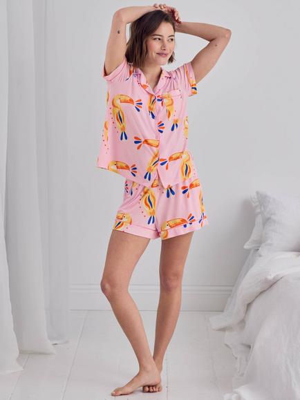 Chelsea Peers Toucan Button Down Short Pyjama Set, Pink - view 2, Pink