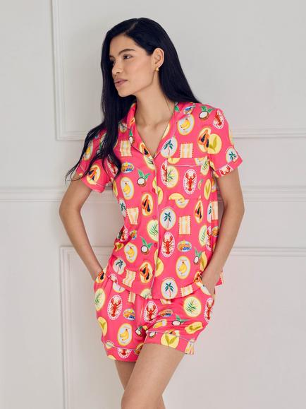 Chelsea Peers Tropical Collage Button Down Short Pyjama Set, Bright Pink, Bright Pink
