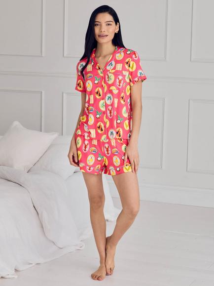 Chelsea Peers Tropical Collage Button Down Short Pyjama Set, Bright Pink - view 2, Bright Pink