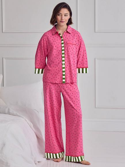 Chelsea Peers Watermelon Button Down Long Pyjama Set, Pink, Pink