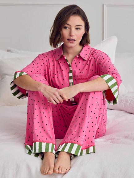 Chelsea Peers Watermelon Button Down Long Pyjama Set, Pink - view 2, Pink