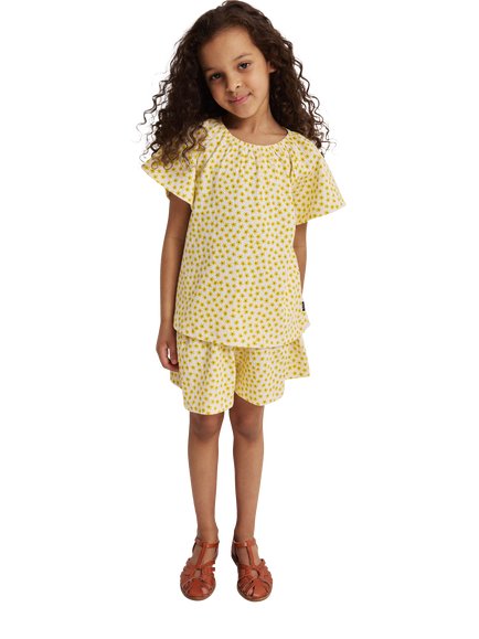Polarn O. Pyret Kids' Short Sleeve Floral Ruffle Blouse, Yellow - view 2, Yellow