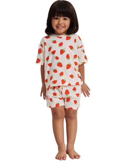 Polarn O. Pyret Kid's Strawberry Print Short Pyjama Set containing TENCEL™ Lyocell, White/Red, White/Red