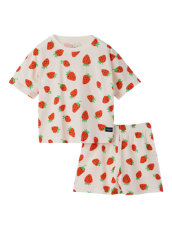 Polarn O. Pyret Kid's Strawberry Print Short Pyjama Set containing TENCEL™ Lyocell, White/Red - view 2, White/Red
