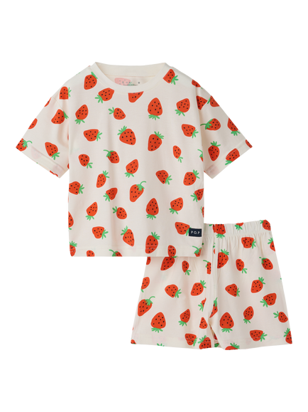 Polarn O. Pyret Kid's Strawberry Print Short Pyjama Set containing TENCEL™ Lyocell, White/Red - view 2, White/Red
