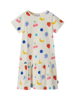 Polarn O. Pyret Kids' Fruit Print Short Sleeve Drop Waist Dress, White, White