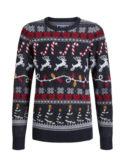 Jack & Jones Kids' Knitted Crew Neck Christmas Jumper, Navy Reindeer, Navy Reindeer