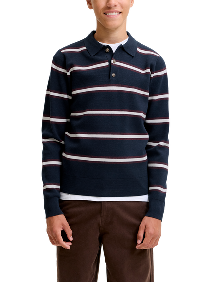 Jack & Jones Kids' Long Sleeve Striped Polo Shirt, Sky Captain, Sky Captain
