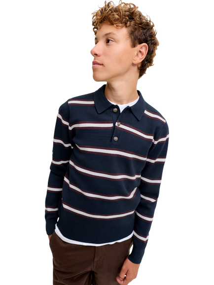 Jack & Jones Kids' Long Sleeve Striped Polo Shirt, Sky Captain - view 2, Sky Captain