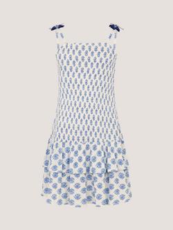 Monsoon Kids' Floral Print Smocked Dress, White/Blue, White/Blue