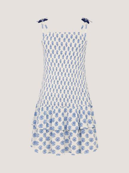 Monsoon Kids' Floral Print Smocked Dress, White/Blue, White/Blue