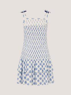 Monsoon Kids' Floral Print Smocked Dress, White/Blue - view 2, White/Blue