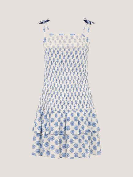Monsoon Kids' Floral Print Smocked Dress, White/Blue - view 2, White/Blue