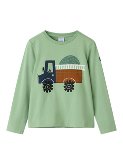 Polarn O. Pyret Kids' Long Sleeve Truck Print Top, Green, Green