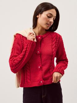 Monsoon Kelly Flower Button Cable Knit Cardigan, Red, Red