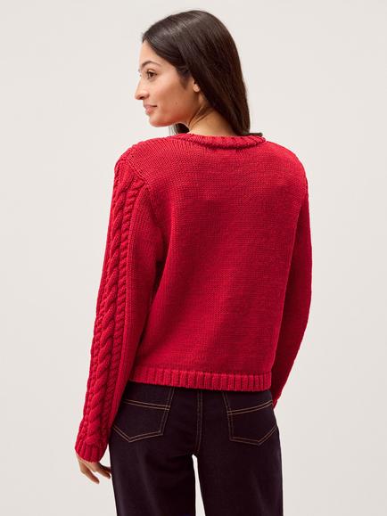 Monsoon Kelly Flower Button Cable Knit Cardigan, Red - view 2, Red
