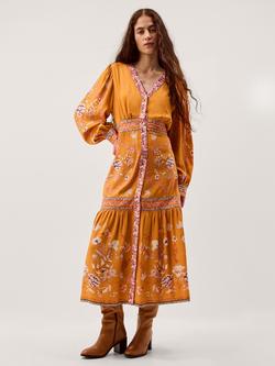 Monsoon Samara Floral Shirt Midi Dress, Ochre, Ochre