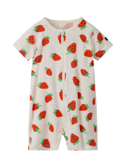 Polarn O. Pyret Baby Strawberry Print Short Sleepsuit containing TENCEL™ Lyocell, White, White