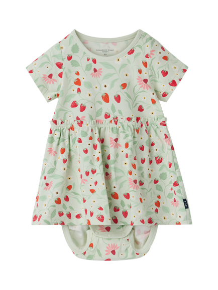 Polarn O. Pyret Baby Strawberry Print Dress Bodysuit, Green, Green