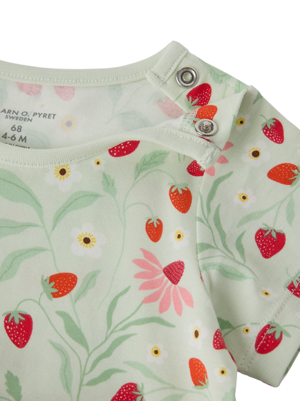 Polarn O. Pyret Baby Strawberry Print Dress Bodysuit, Green - view 2, Green