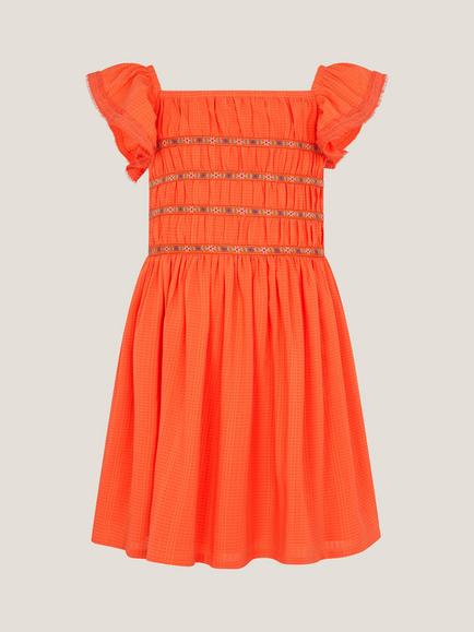 Monsoon Kids' Floral Embroidered Square Neck Dress, Orange, Orange