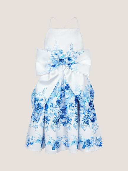 Monsoon Kids' Rose Print Bow Party Dress, Multi - view 2, Multi