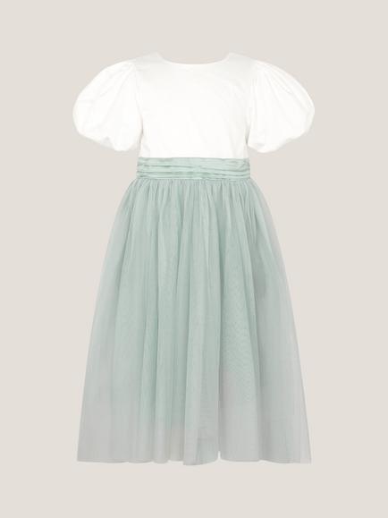 Monsoon Kids' Puff Sleeve Satin Tulle Dress, Sage, Sage