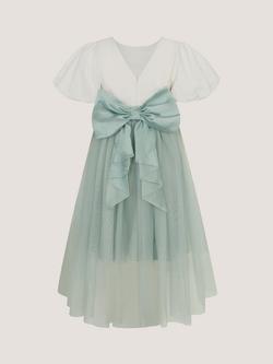 Monsoon Kids' Puff Sleeve Satin Tulle Dress, Sage - view 2, Sage