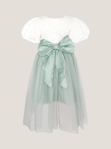 Monsoon Kids' Puff Sleeve Satin Tulle Dress, Sage - view 2, Sage