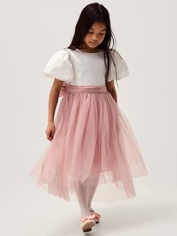 Monsoon Kids' Puff Sleeve Satin Tulle Dress, Pink, Pink
