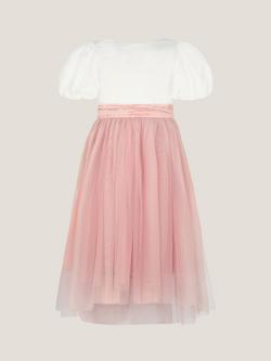 Monsoon Kids' Puff Sleeve Satin Tulle Dress, Pink - view 2, Pink