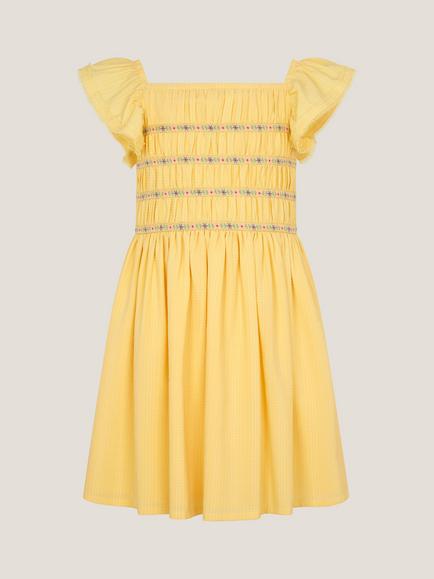 Monsoon Kids' Stripe Shirred Lace Trim Dress, Yellow, Yellow