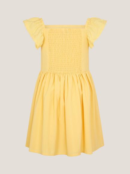 Monsoon Kids' Stripe Shirred Lace Trim Dress, Yellow - view 2, Yellow