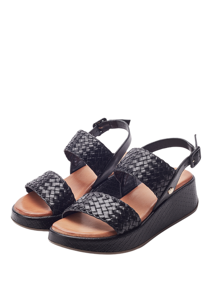Moda in Pelle Kaccia Woven Strap Leather Sandals, Black - view 2, Black
