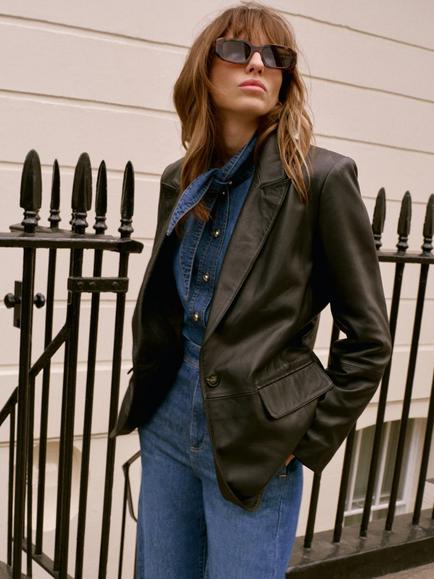 Mint Velvet Single Breasted Pure Leather Blazer, Black, Black