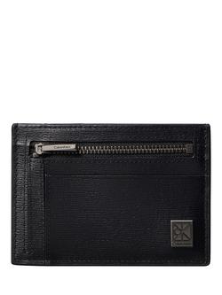 Calvin Klein Emblem Leather Card Holder, Black, Black