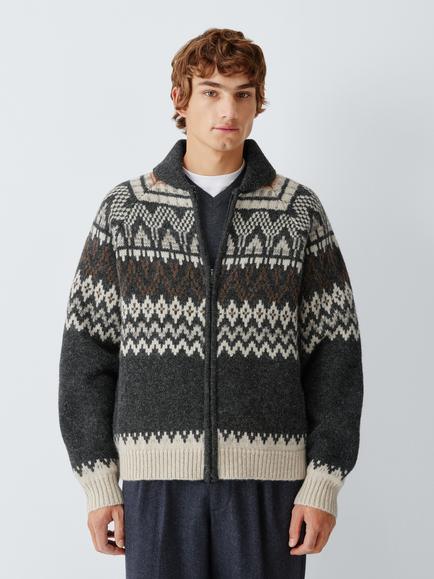 John Lewis Pure Wool Fair Isle Zip Jumper, Greys, Greys