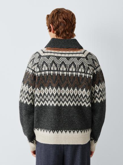 John Lewis Pure Wool Fair Isle Zip Jumper, Greys - view 2, Greys