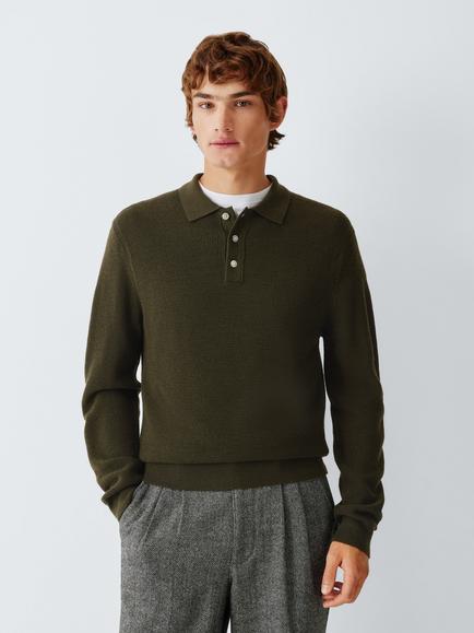 John Lewis Waffle Knit Merino Polo Jumper, Dark Green, Dark Green